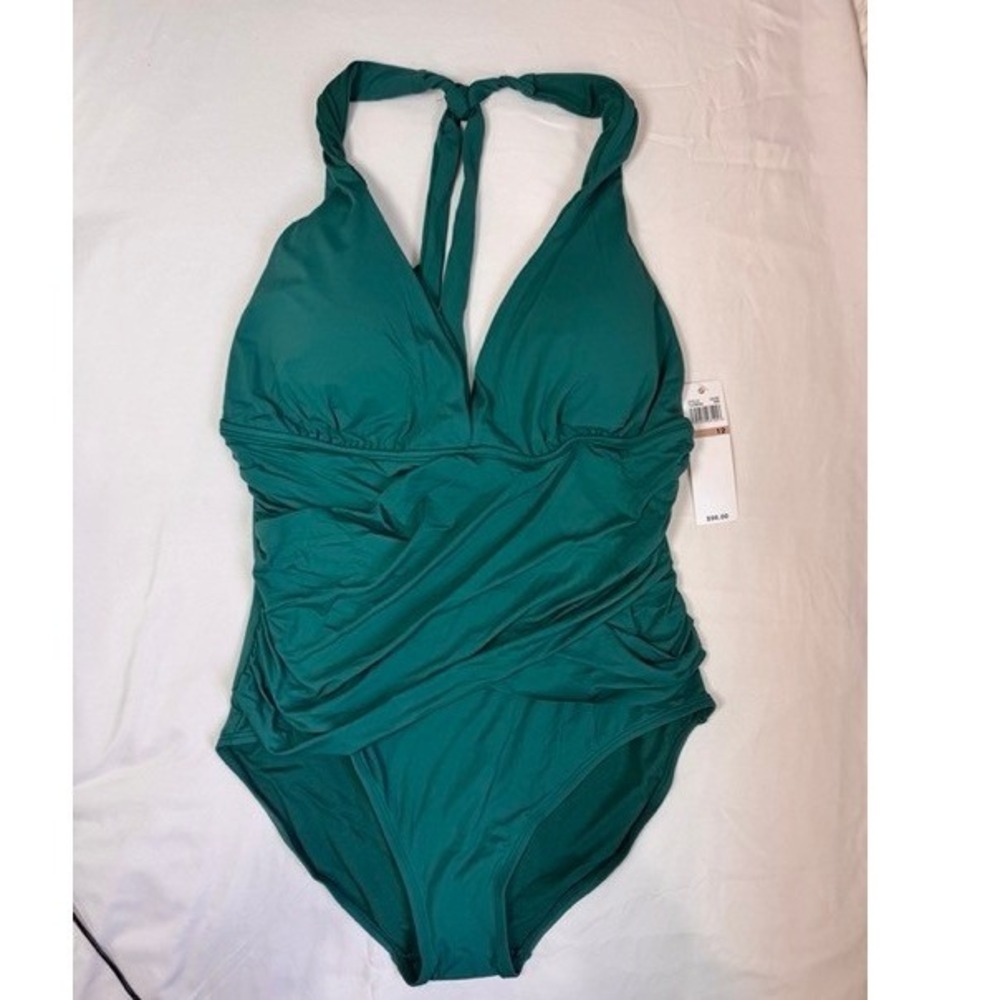 Anne Cole NEW Emerald Pine Green Twist Ruched Halter One Piece Swimsuit SZ 12